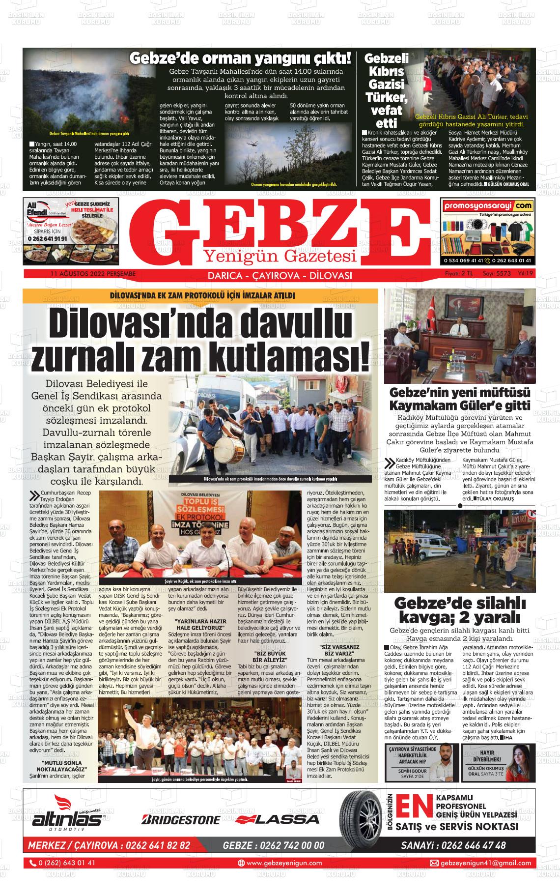 11 Ağustos 2022 Gebze Yenigün Gazete Manşeti