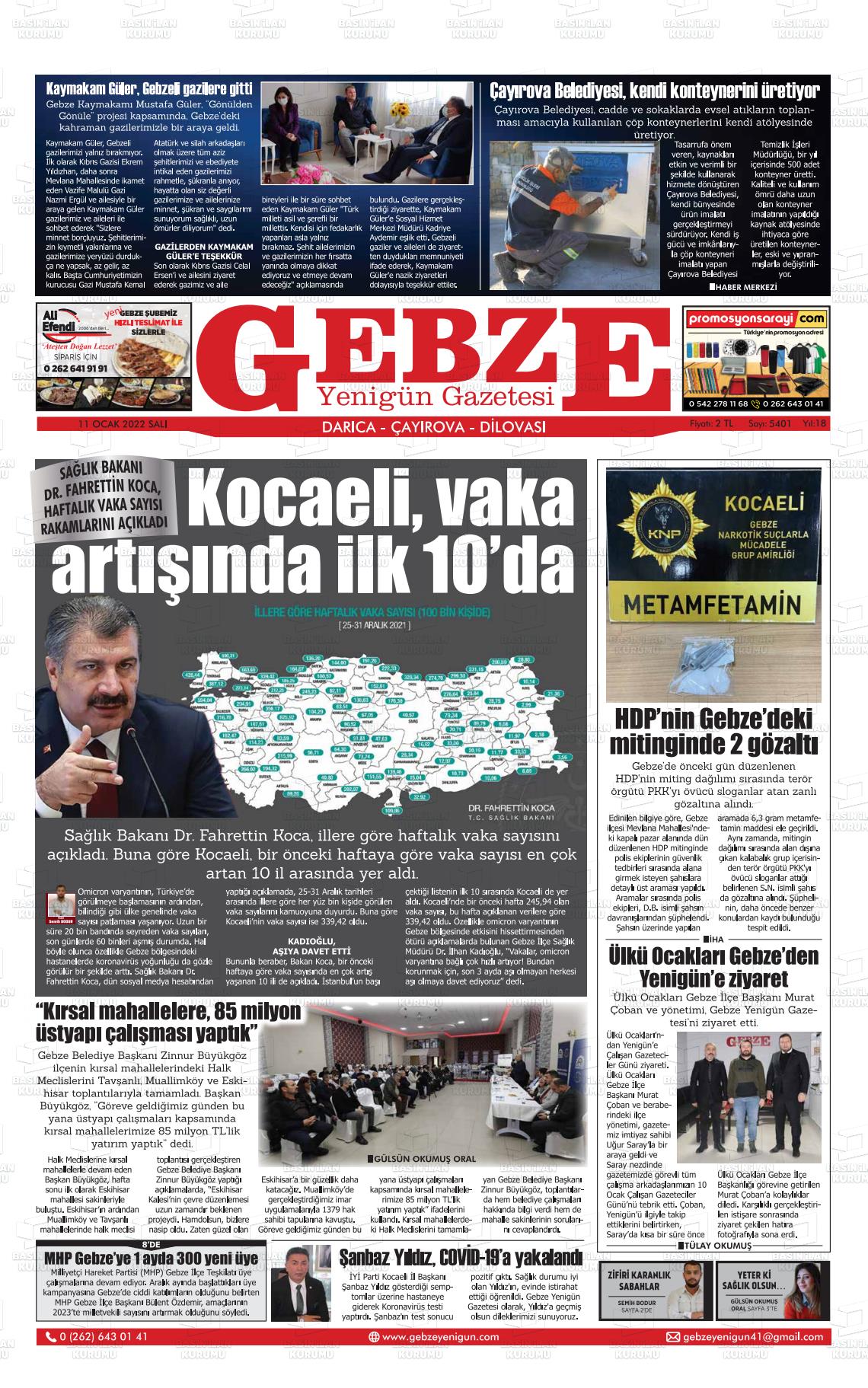 11 Ocak 2022 Gebze Yenigün Gazete Manşeti