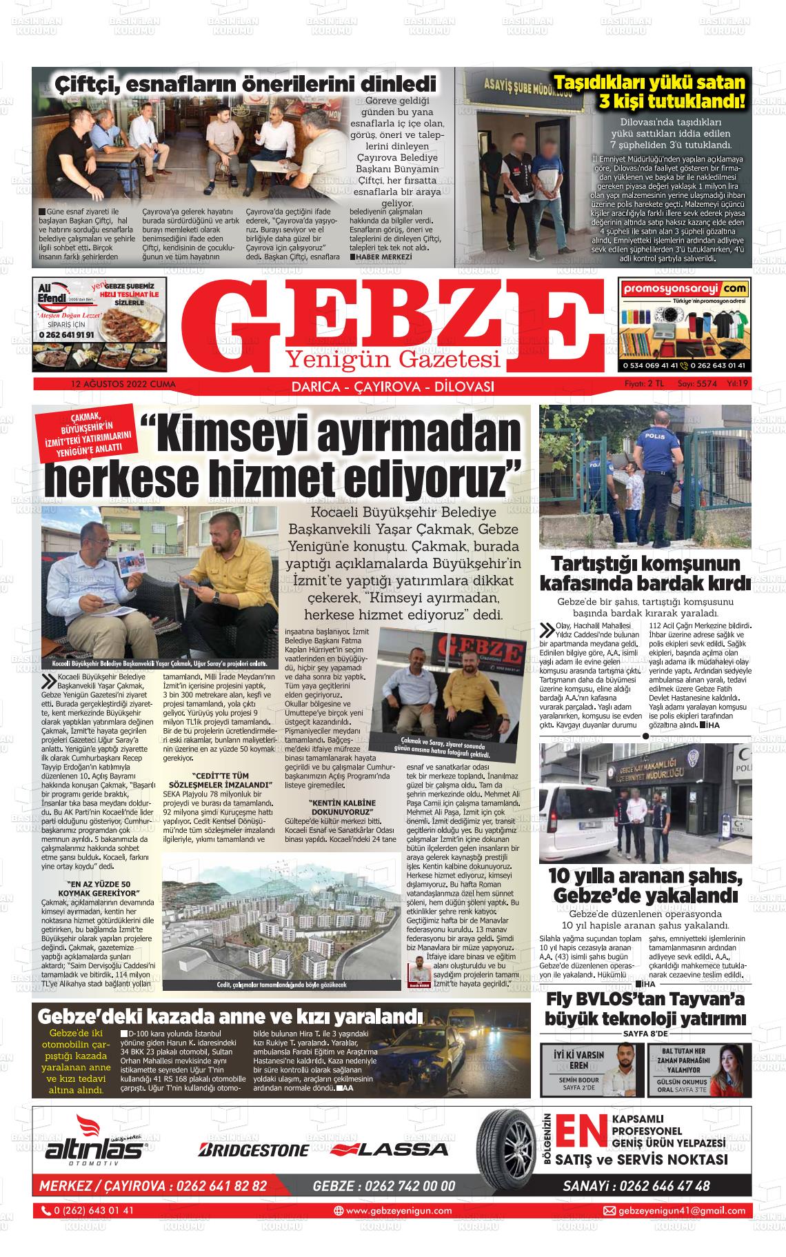 12 Ağustos 2022 Gebze Yenigün Gazete Manşeti