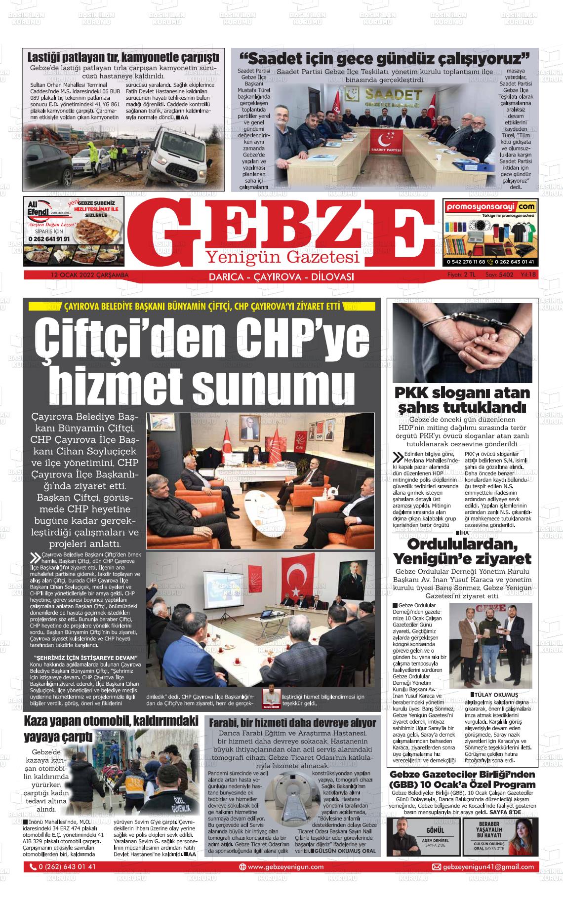 12 Ocak 2022 Gebze Yenigün Gazete Manşeti