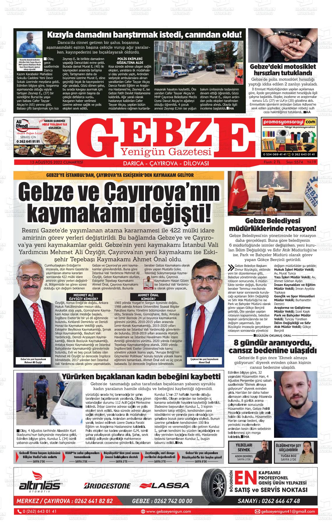 13 Ağustos 2022 Gebze Yenigün Gazete Manşeti