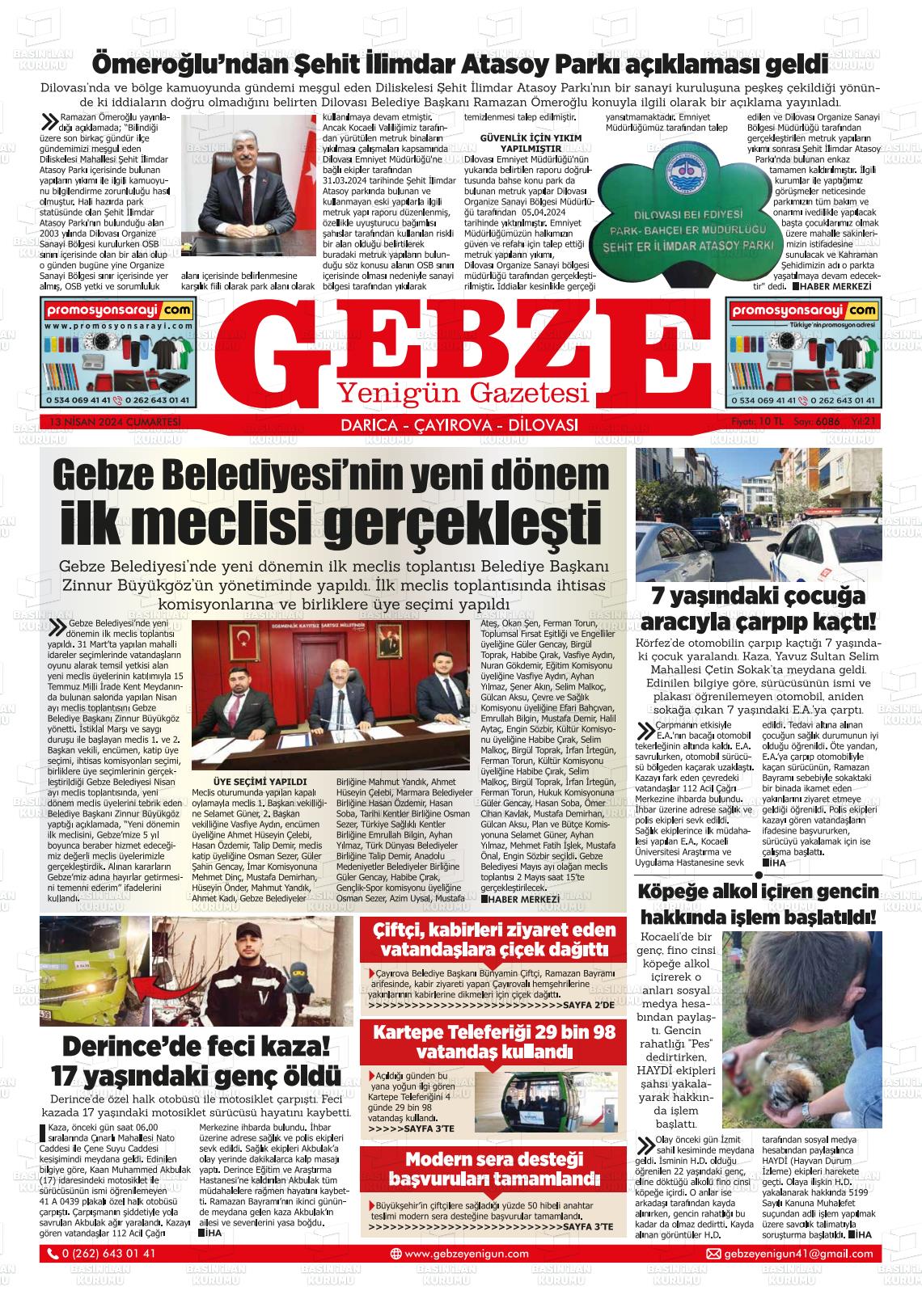 13 Nisan 2024 Gebze Yenigün Gazete Manşeti