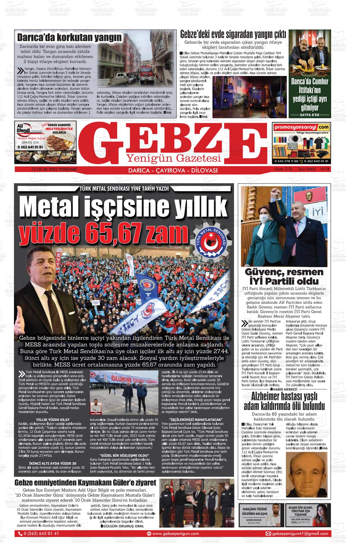 13 Ocak 2022 Gebze Yenigün Gazete Manşeti