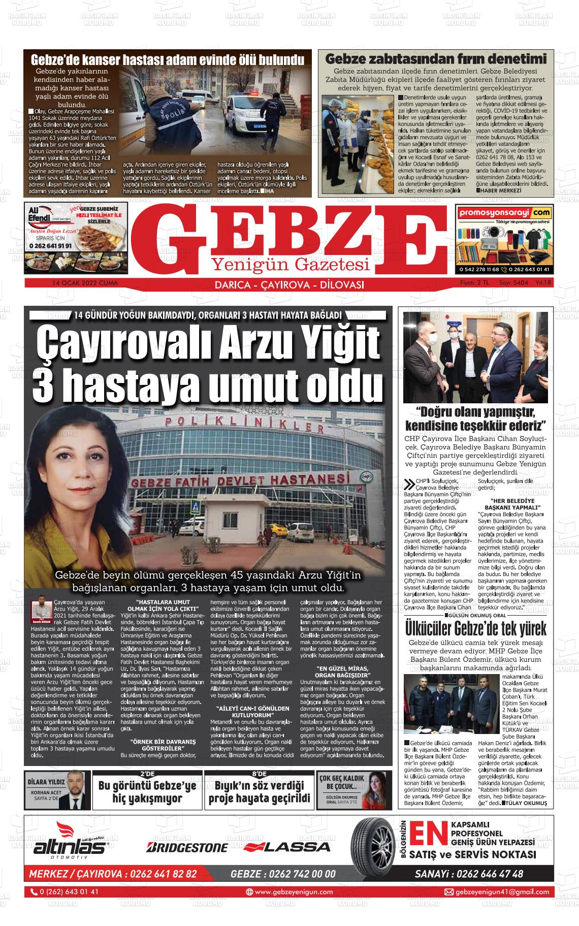 14 Ocak 2022 Gebze Yenigün Gazete Manşeti