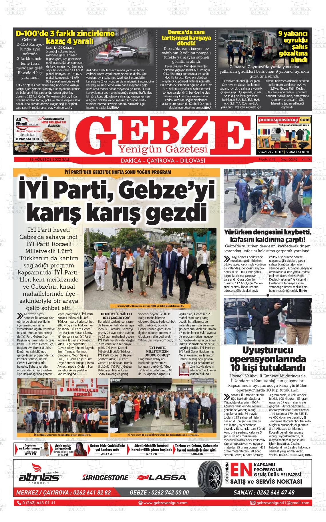 16 Ağustos 2022 Gebze Yenigün Gazete Manşeti