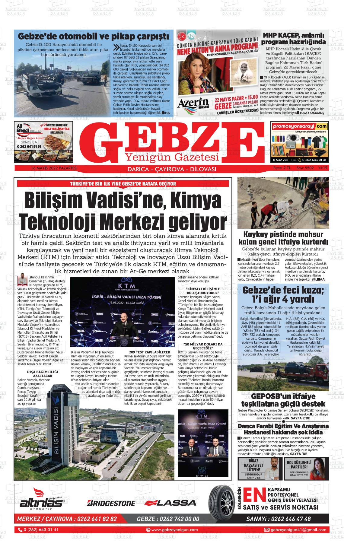 16 Mayıs 2022 Gebze Yenigün Gazete Manşeti