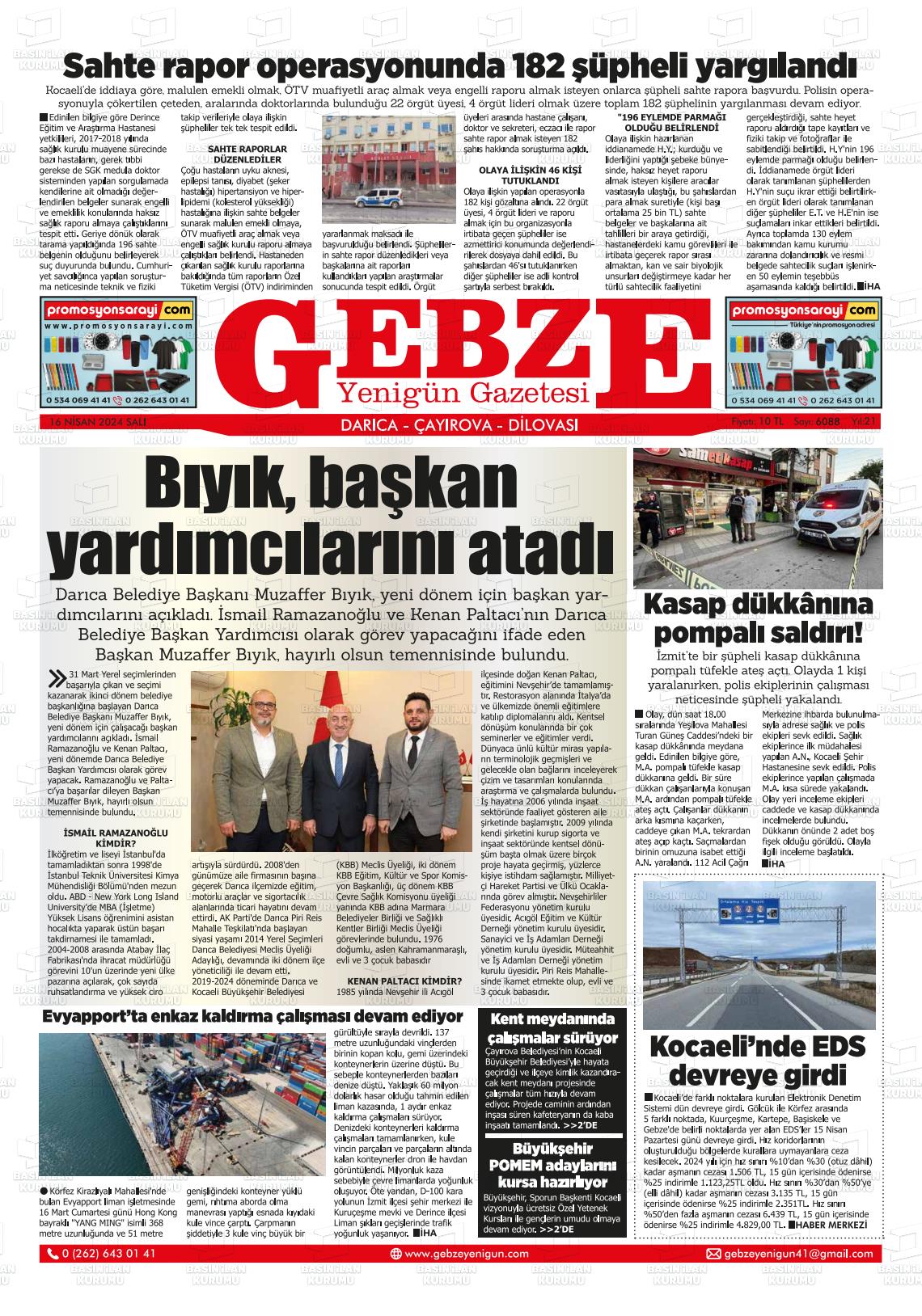 18 Nisan 2024 Gebze Yenigün Gazete Manşeti