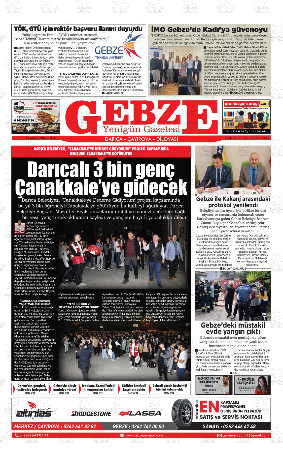 17 Mayıs 2022 Gebze Yenigün Gazete Manşeti