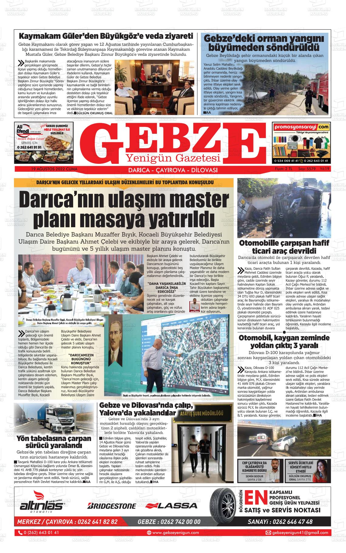 19 Ağustos 2022 Gebze Yenigün Gazete Manşeti
