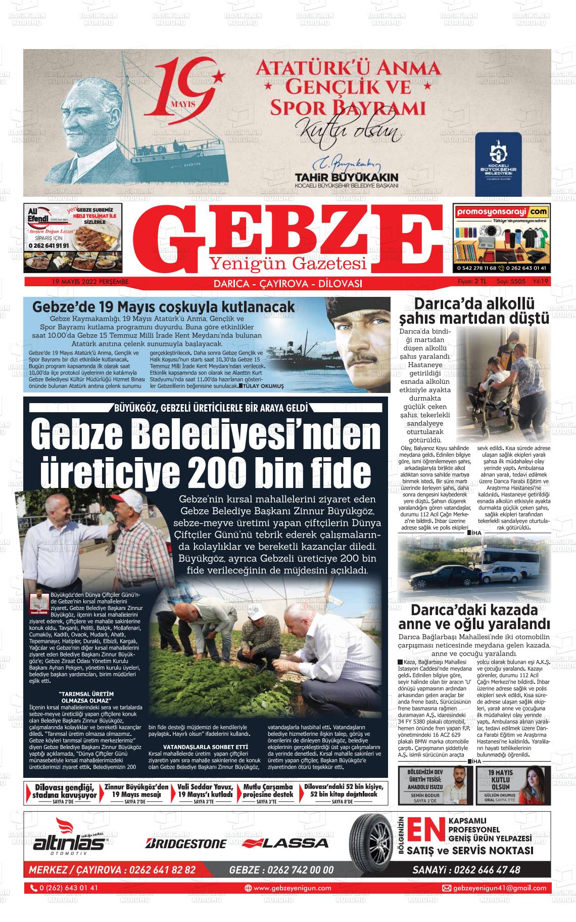 19 Mayıs 2022 Gebze Yenigün Gazete Manşeti