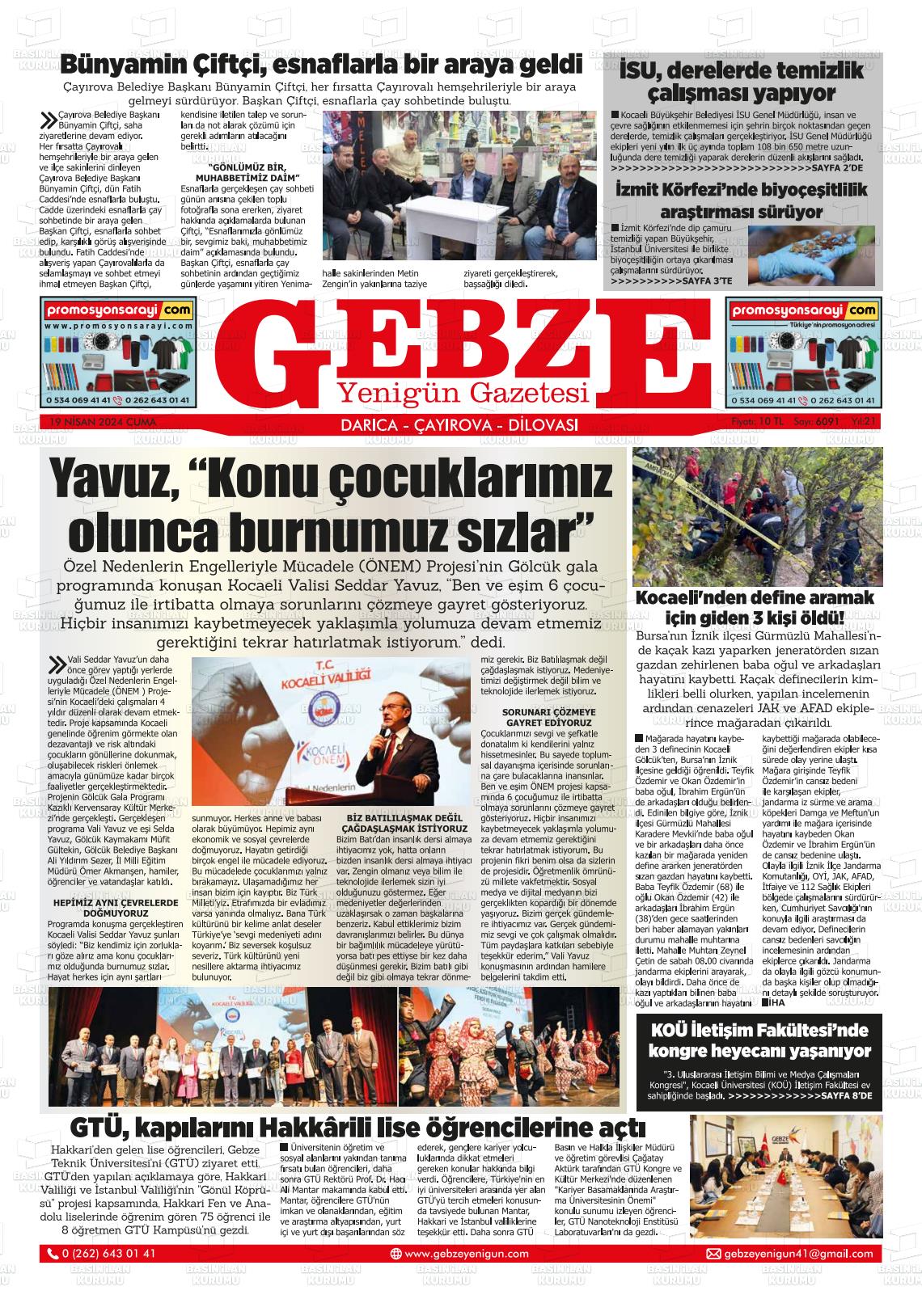 19 Nisan 2024 Gebze Yenigün Gazete Manşeti