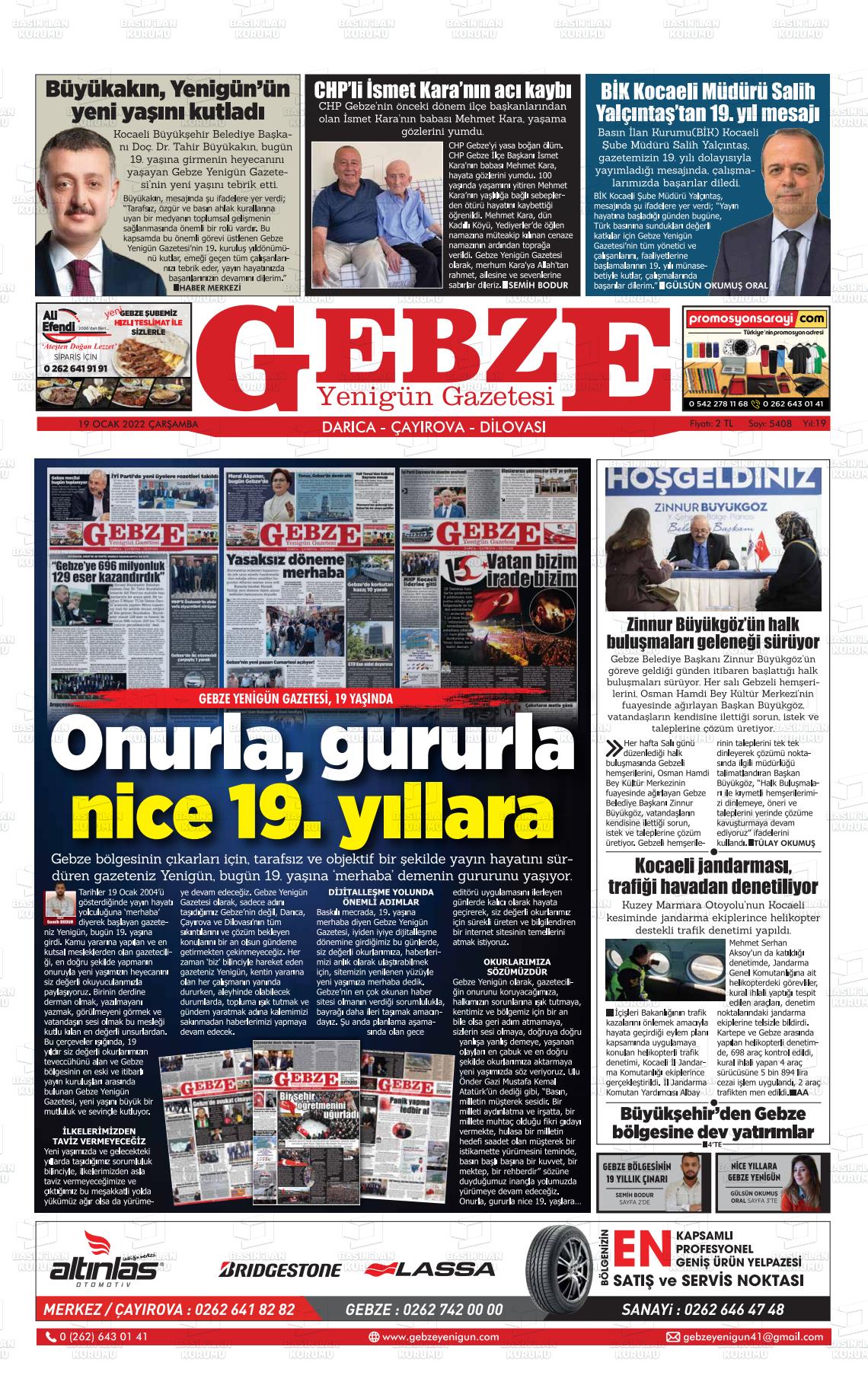 19 Ocak 2022 Gebze Yenigün Gazete Manşeti