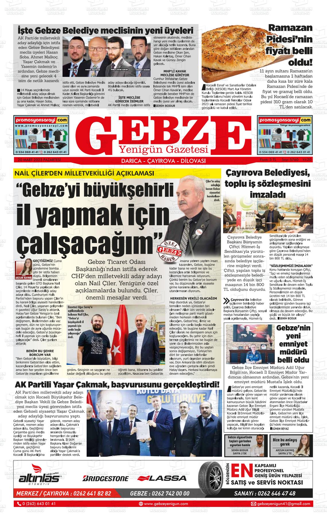 20 Mart 2023 Gebze Yenigün Gazete Manşeti