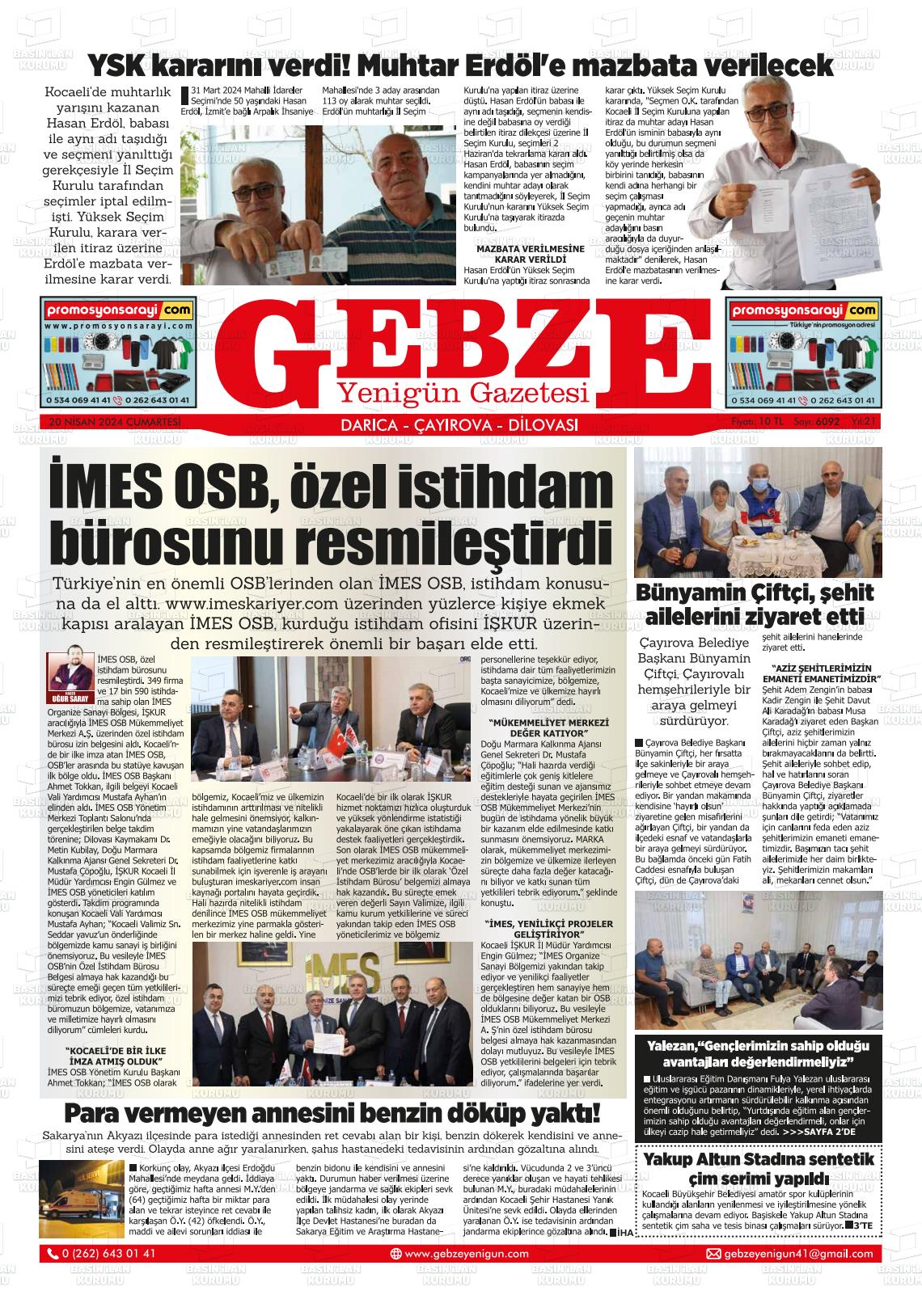 20 Nisan 2024 Gebze Yenigün Gazete Manşeti