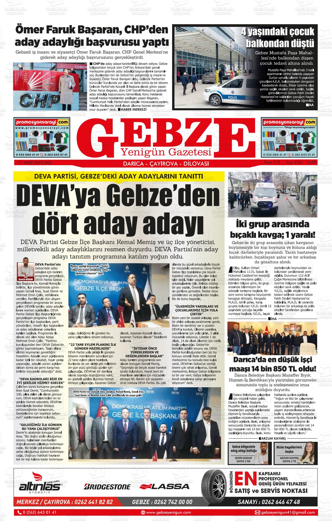 21 Mart 2023 Gebze Yenigün Gazete Manşeti