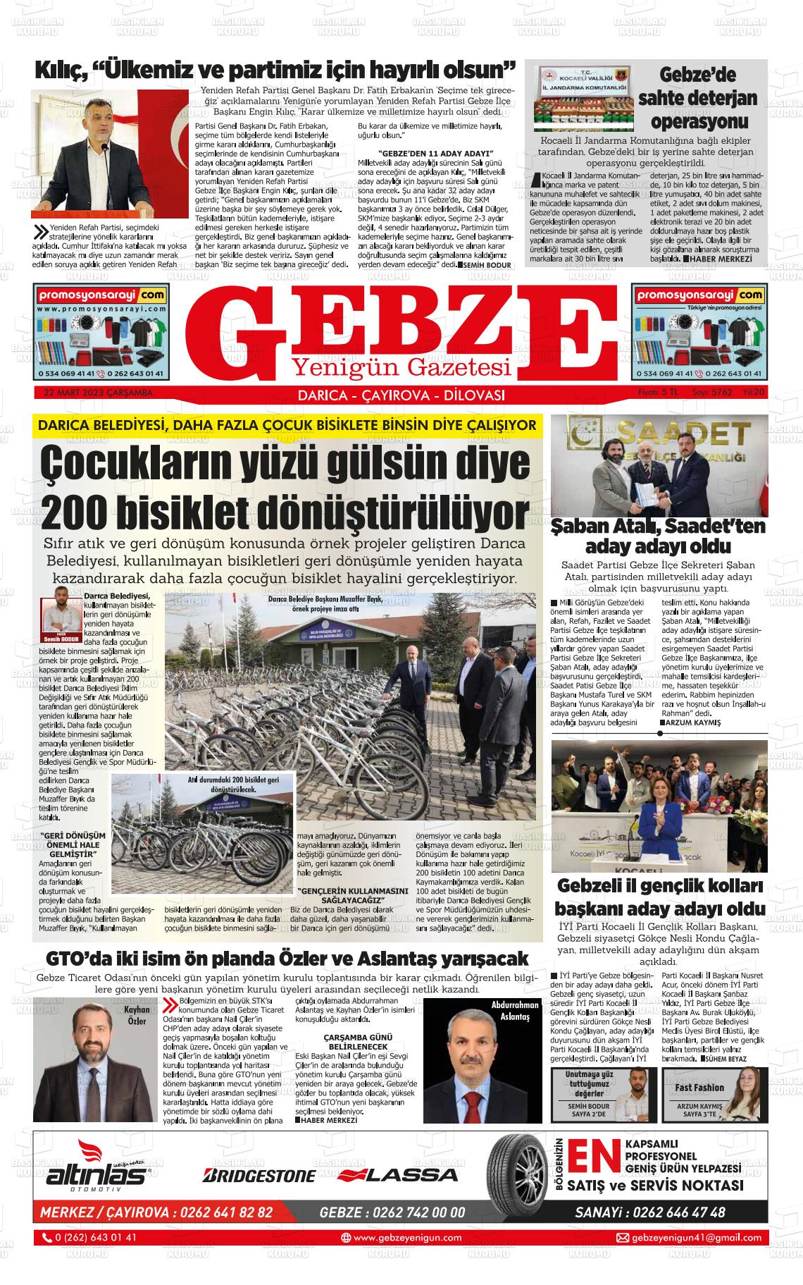 22 Mart 2023 Gebze Yenigün Gazete Manşeti