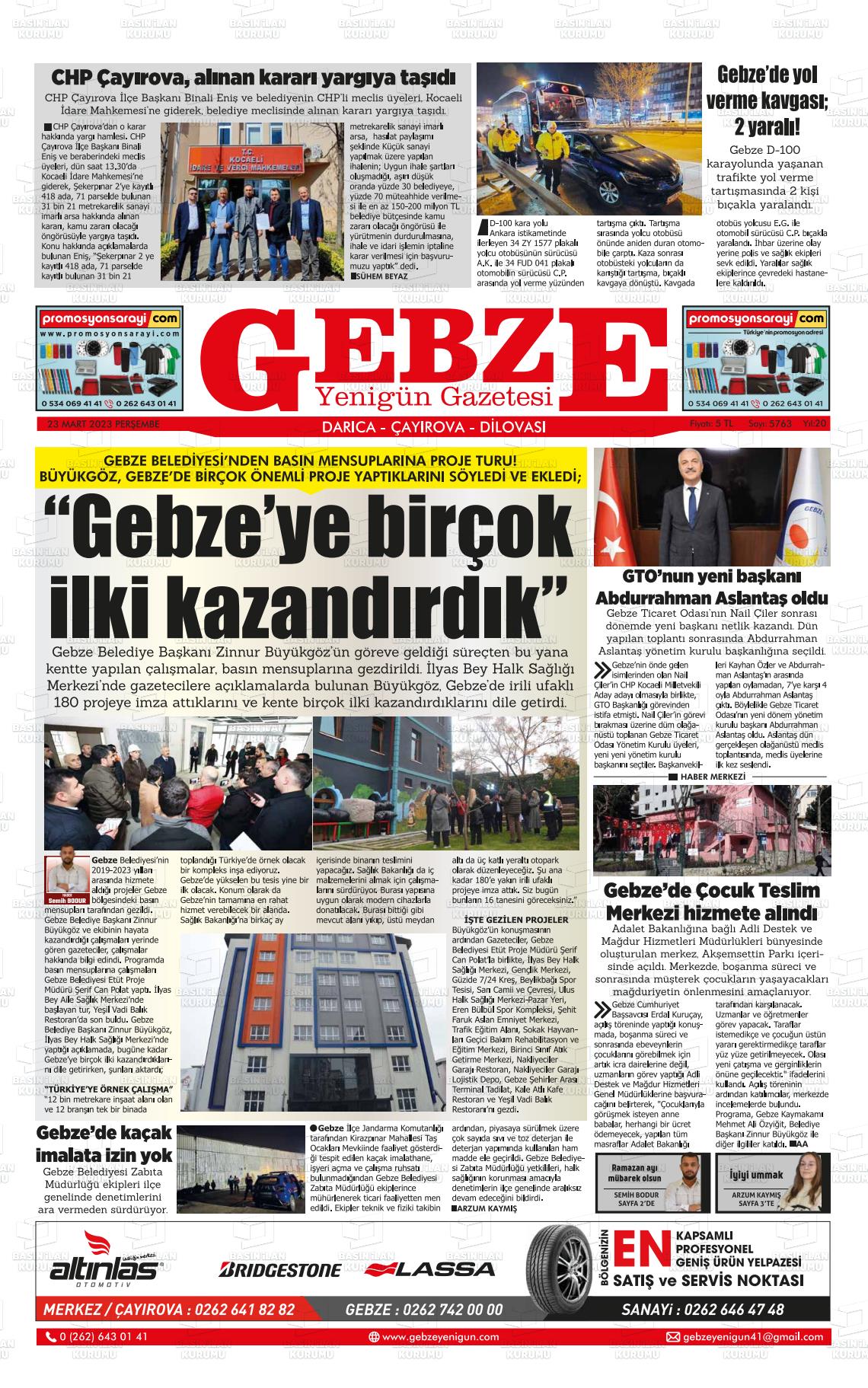 23 Mart 2023 Gebze Yenigün Gazete Manşeti