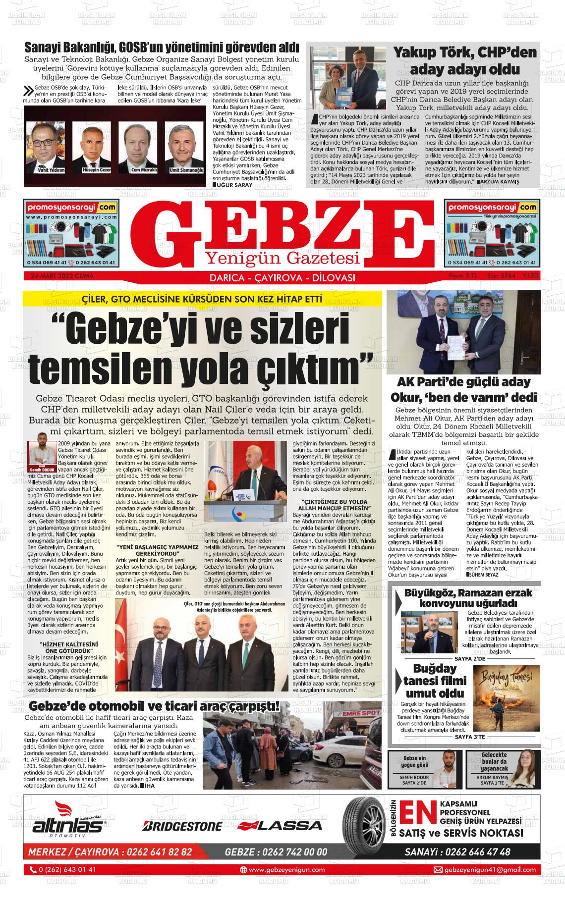 24 Mart 2023 Gebze Yenigün Gazete Manşeti
