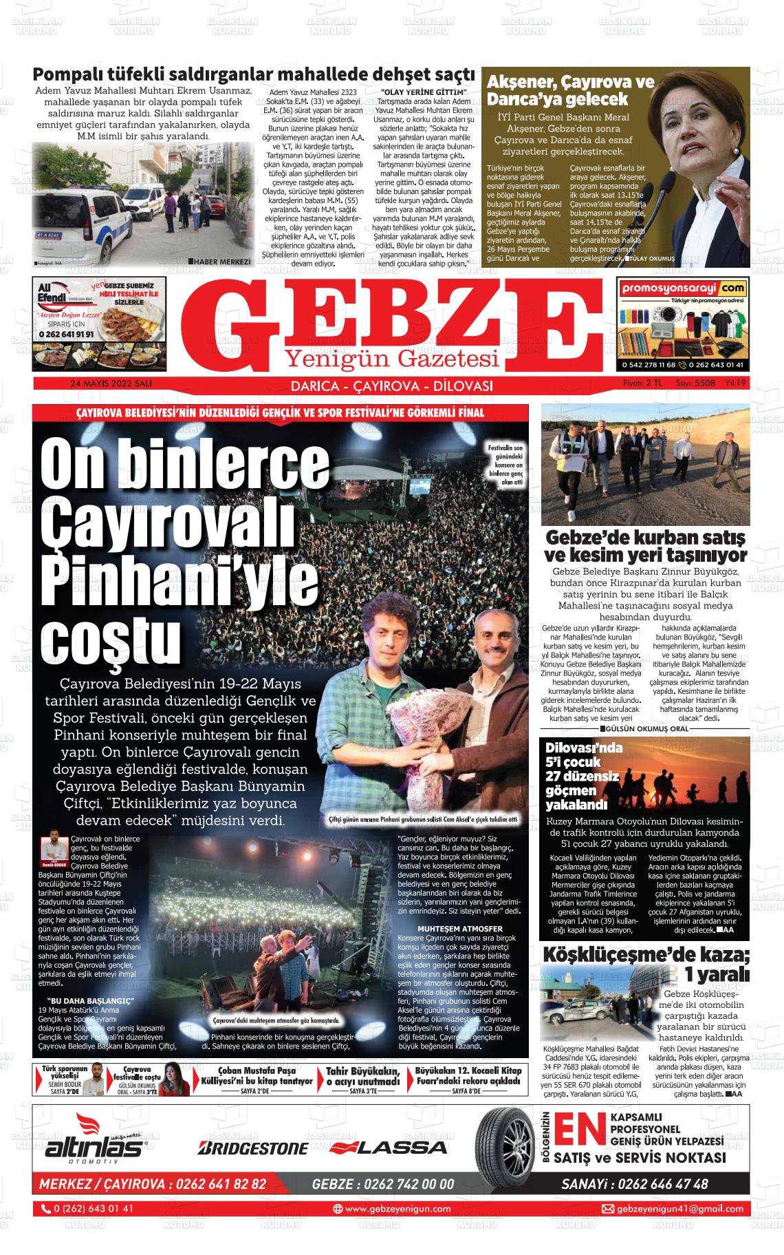 24 Mayıs 2022 Gebze Yenigün Gazete Manşeti