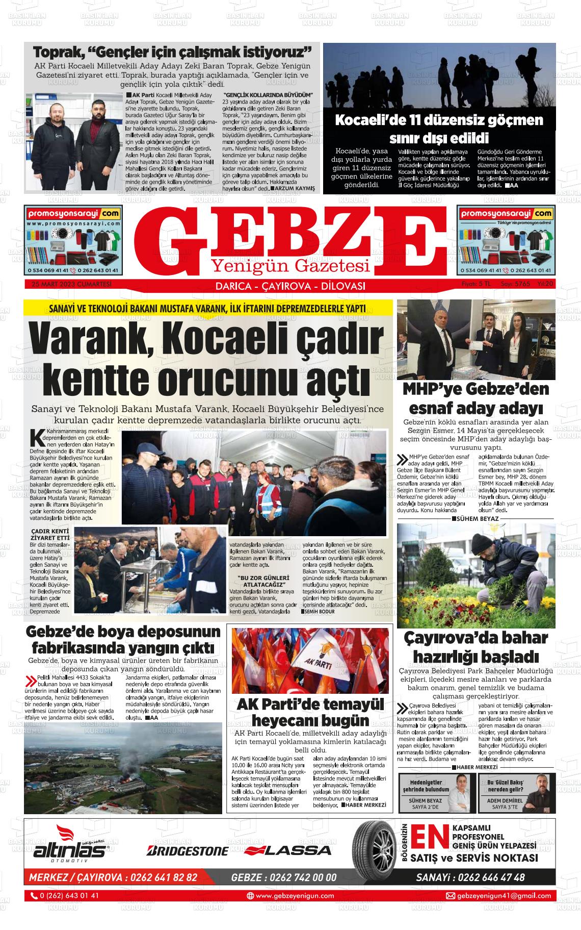 25 Mart 2023 Gebze Yenigün Gazete Manşeti