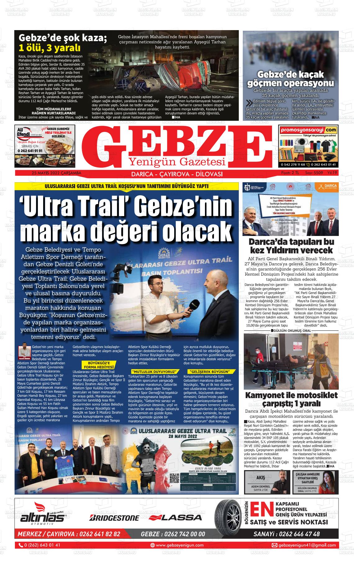 25 Mayıs 2022 Gebze Yenigün Gazete Manşeti