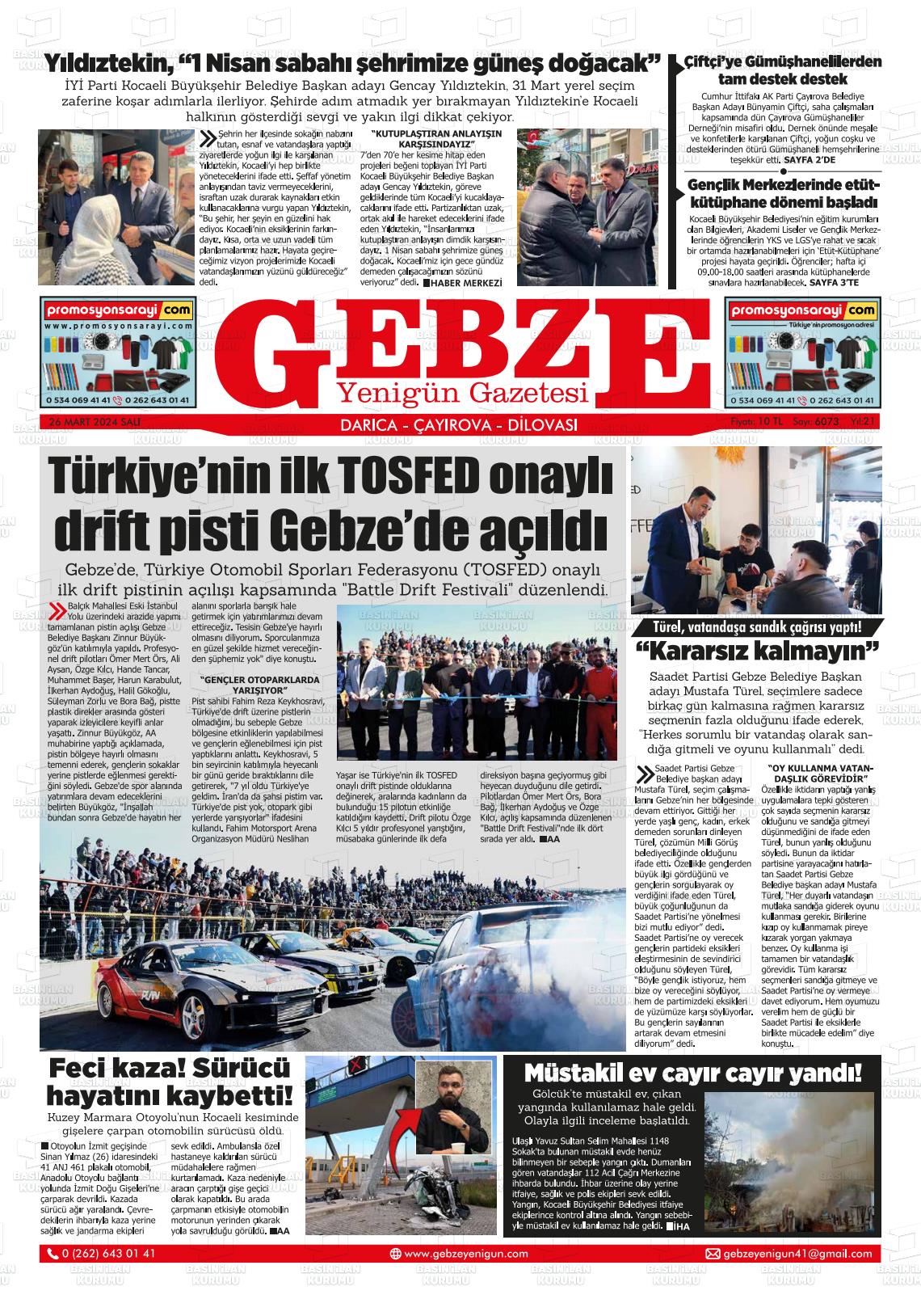 26 Mart 2024 Gebze Yenigün Gazete Manşeti