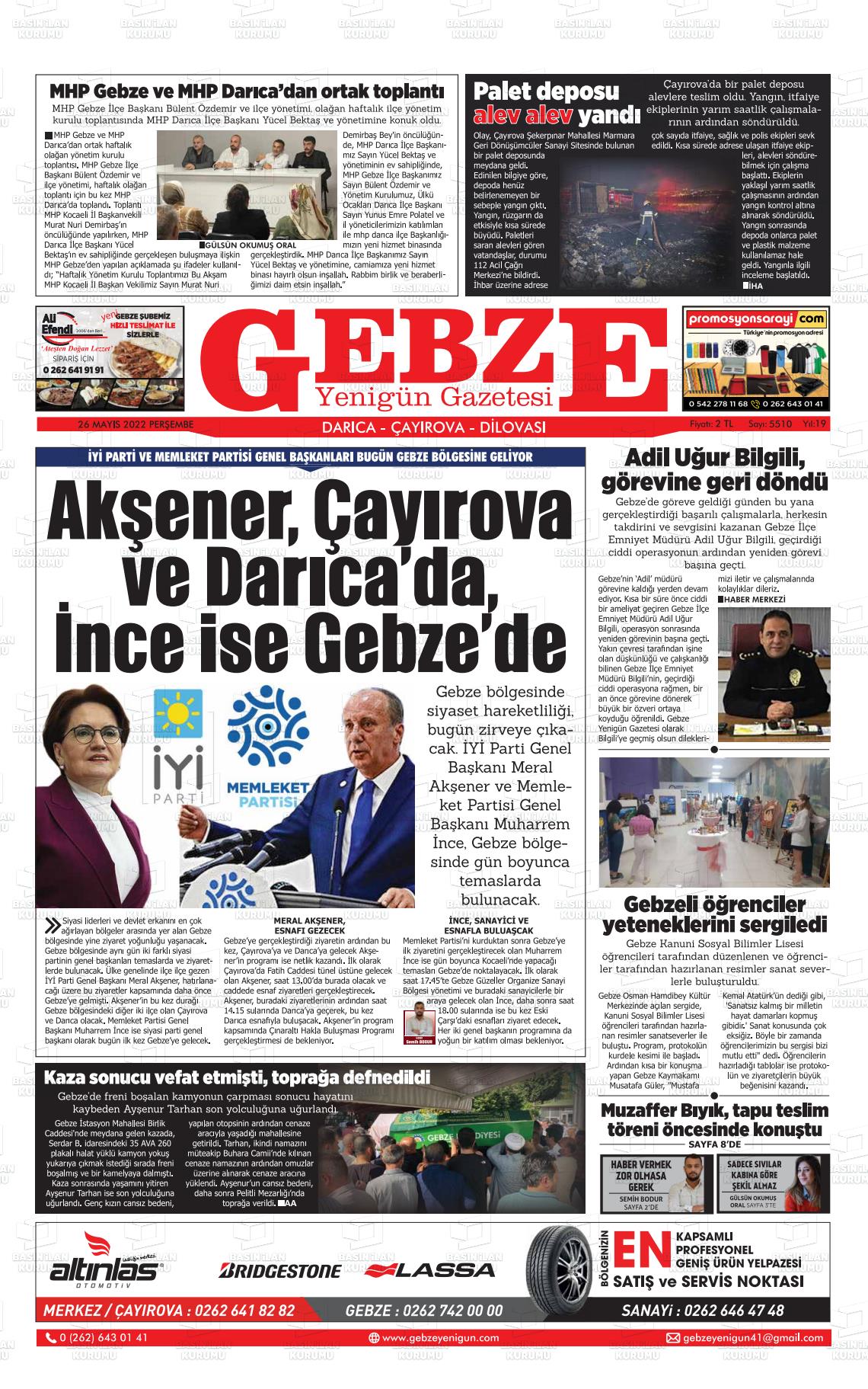 26 Mayıs 2022 Gebze Yenigün Gazete Manşeti