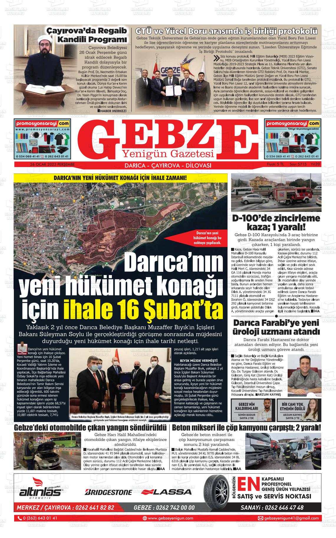26 Ocak 2023 Gebze Yenigün Gazete Manşeti