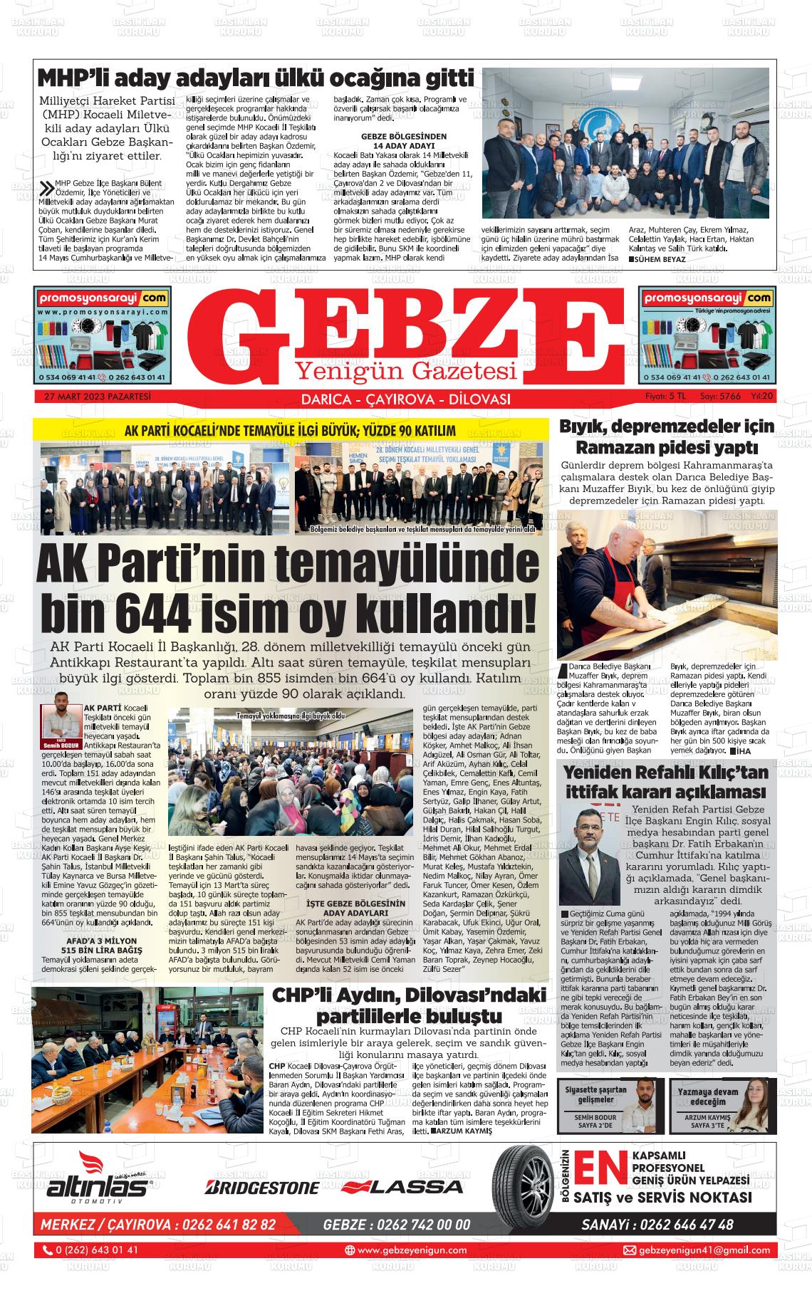 27 Mart 2023 Gebze Yenigün Gazete Manşeti