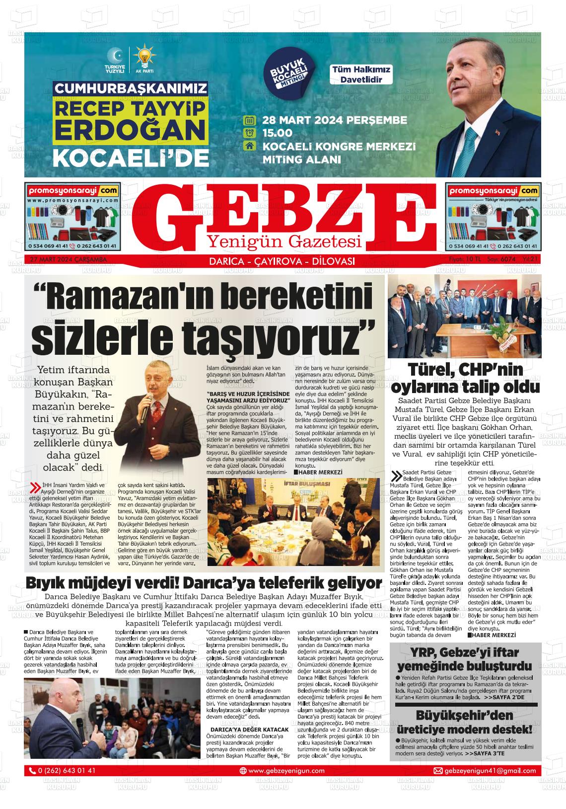 27 Mart 2024 Gebze Yenigün Gazete Manşeti