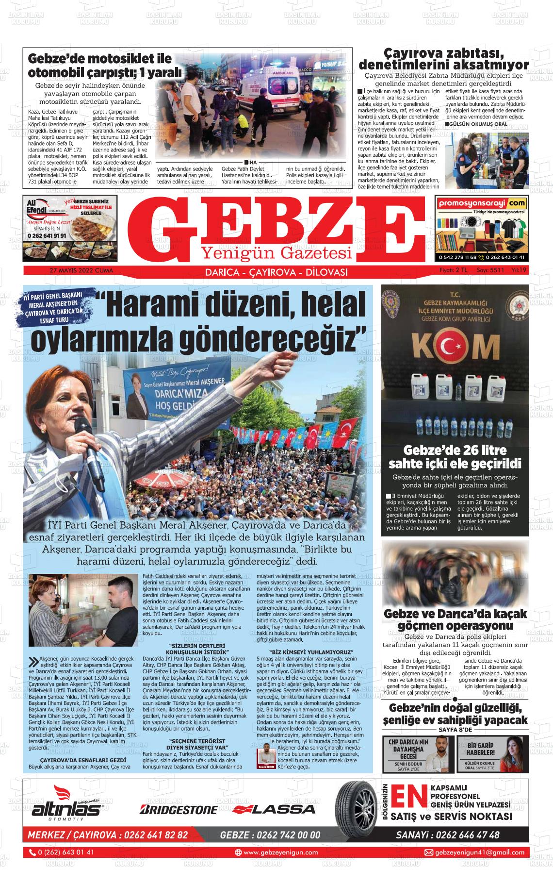 27 Mayıs 2022 Gebze Yenigün Gazete Manşeti