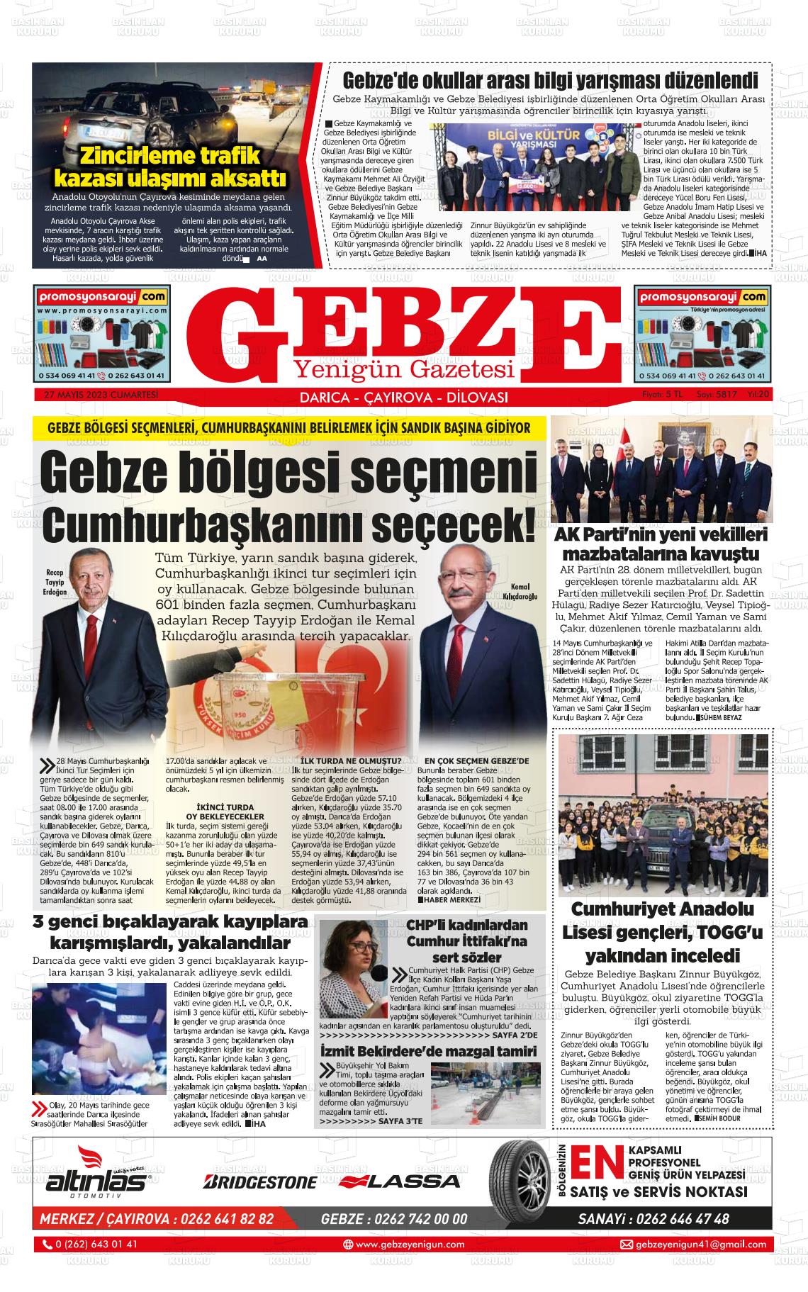 27 Mayıs 2023 Gebze Yenigün Gazete Manşeti