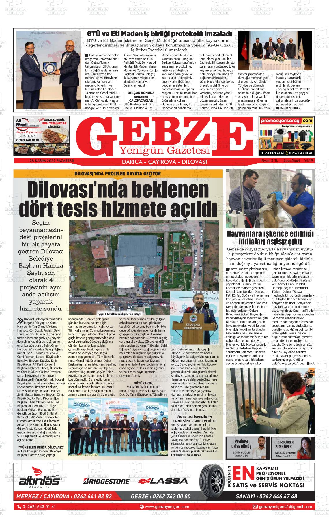 28 Kasım 2022 Gebze Yenigün Gazete Manşeti
