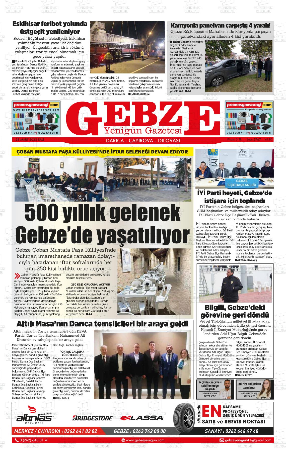 28 Mart 2023 Gebze Yenigün Gazete Manşeti