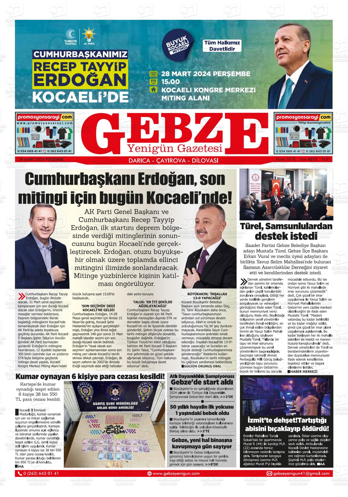 28 Mart 2024 Gebze Yenigün Gazete Manşeti