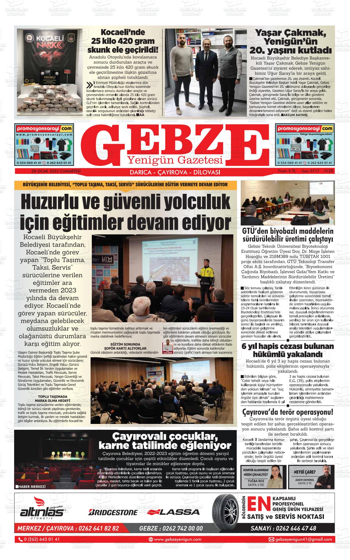 28 Ocak 2023 Gebze Yenigün Gazete Manşeti