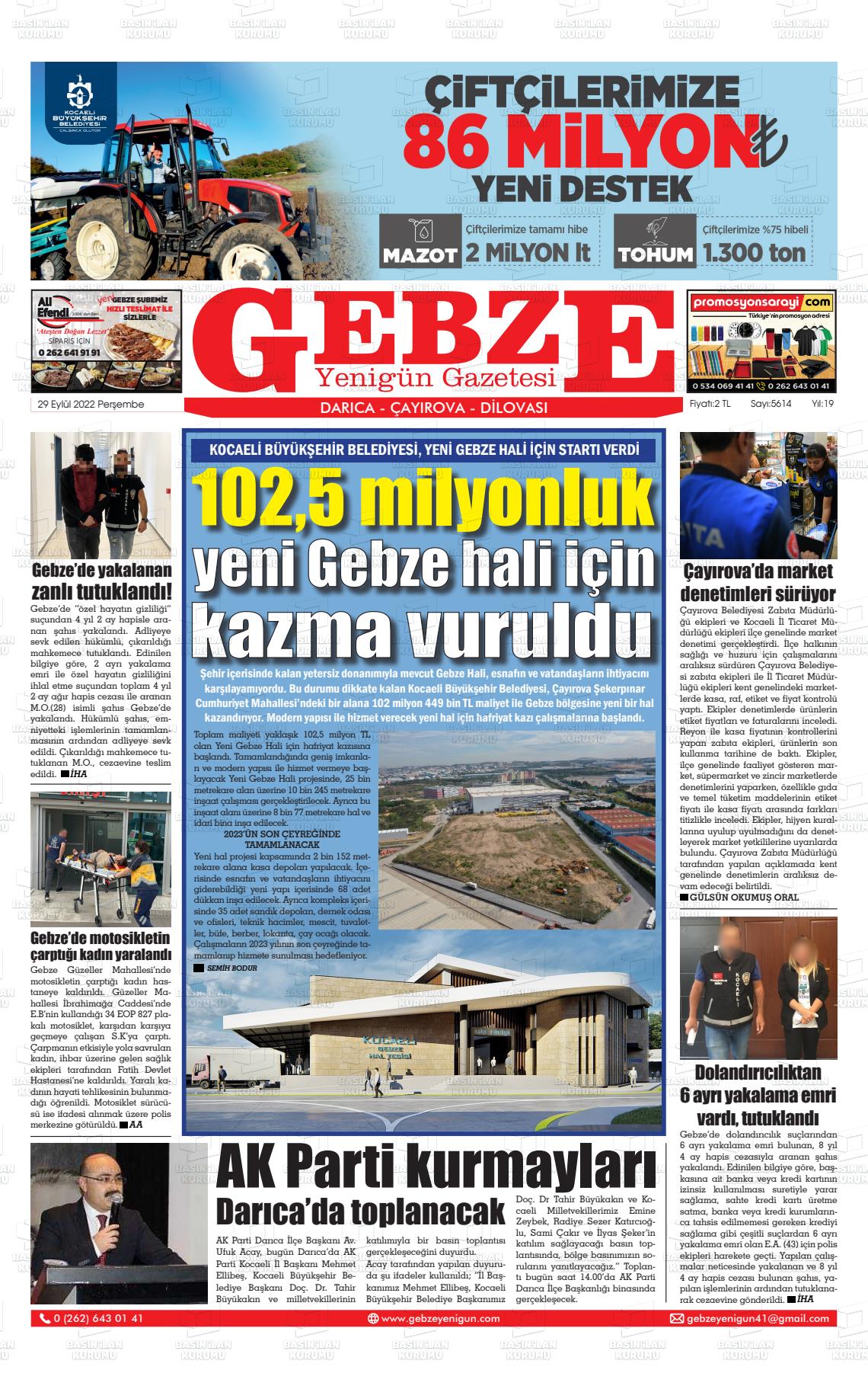 29 Eylül 2022 Gebze Yenigün Gazete Manşeti