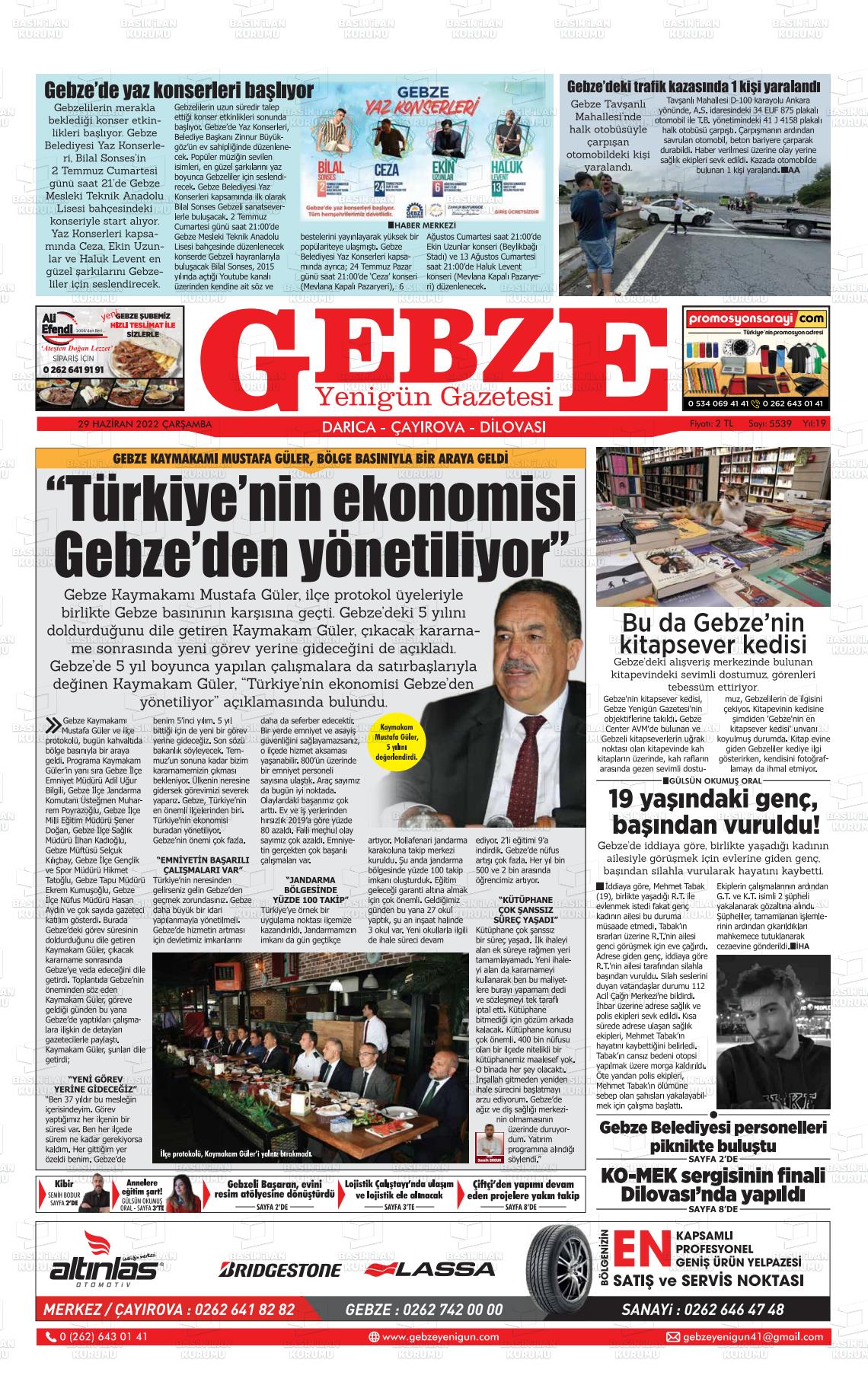 29 Haziran 2022 Gebze Yenigün Gazete Manşeti