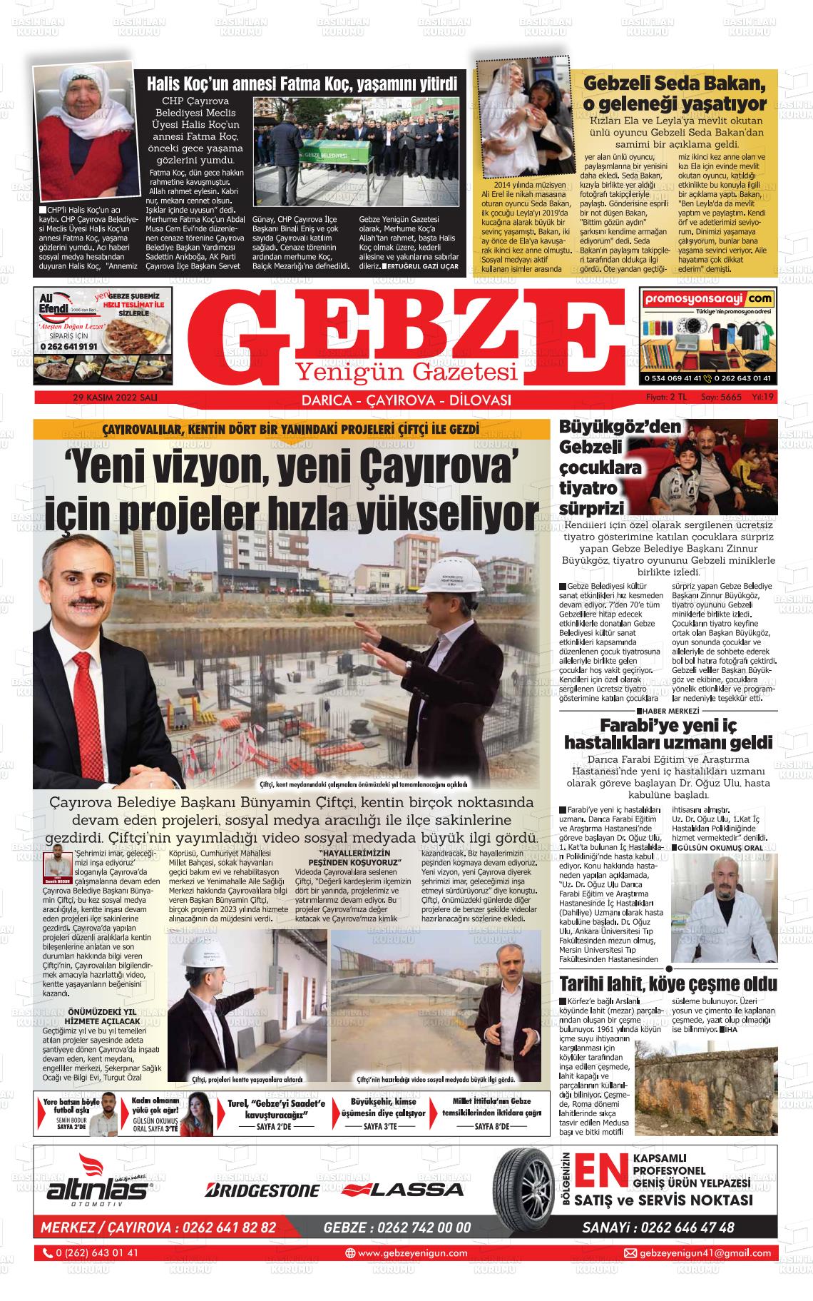 29 Kasım 2022 Gebze Yenigün Gazete Manşeti