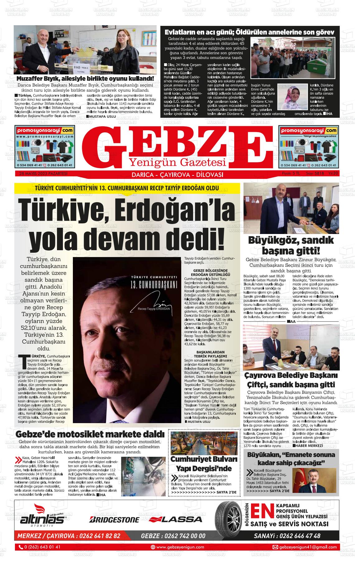 29 Mayıs 2023 Gebze Yenigün Gazete Manşeti