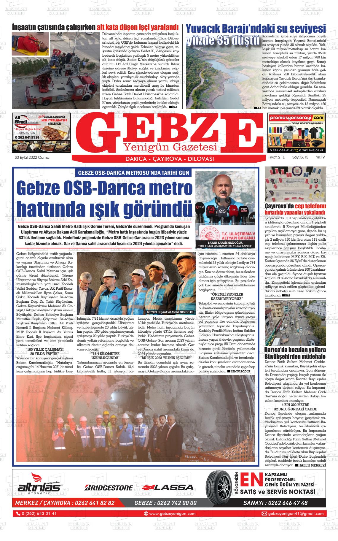 30 Eylül 2022 Gebze Yenigün Gazete Manşeti