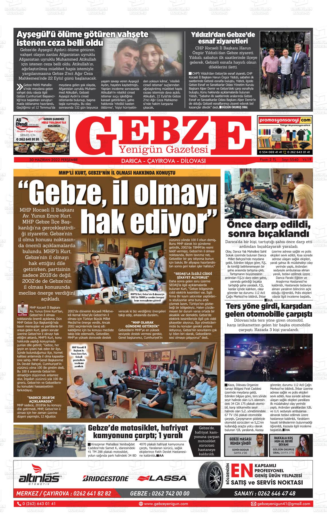 30 Haziran 2022 Gebze Yenigün Gazete Manşeti