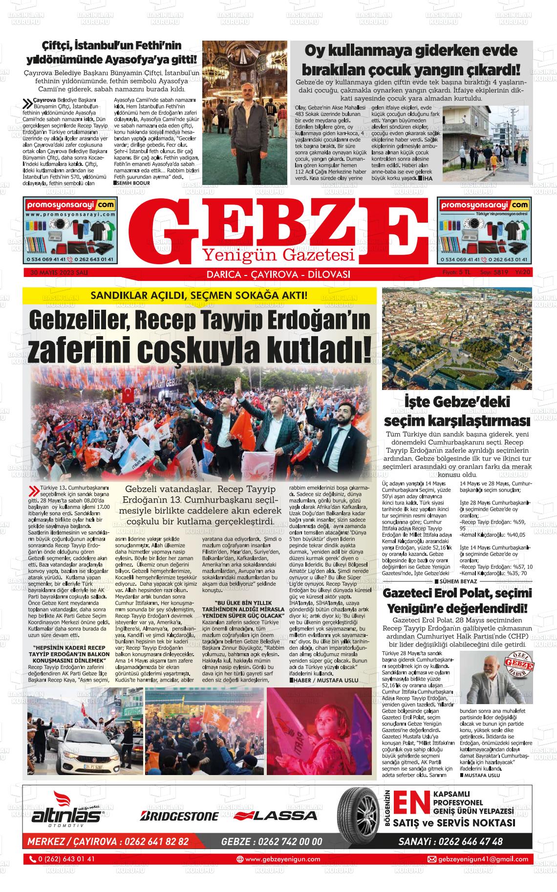 30 Mayıs 2023 Gebze Yenigün Gazete Manşeti