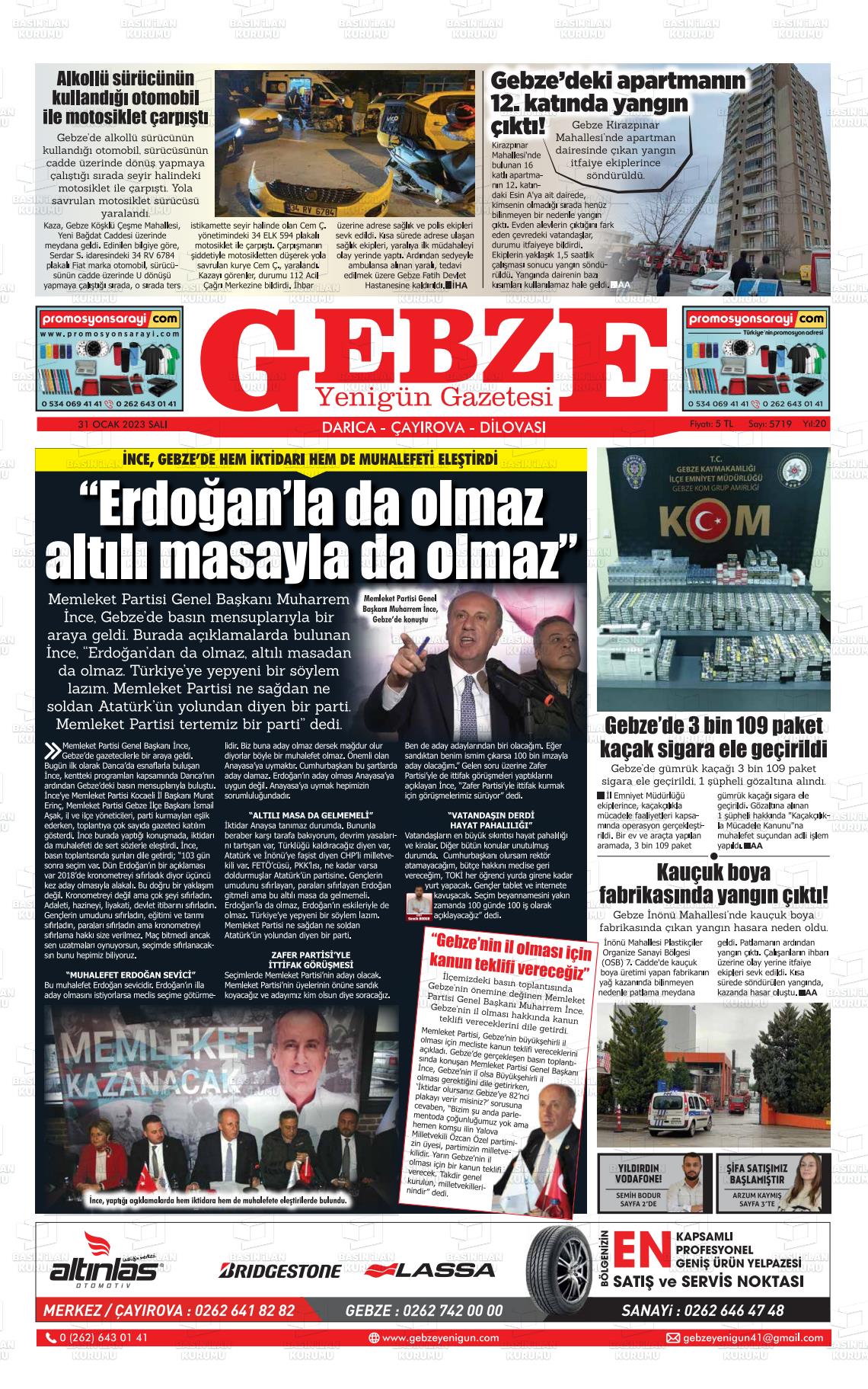 31 Ocak 2023 Gebze Yenigün Gazete Manşeti