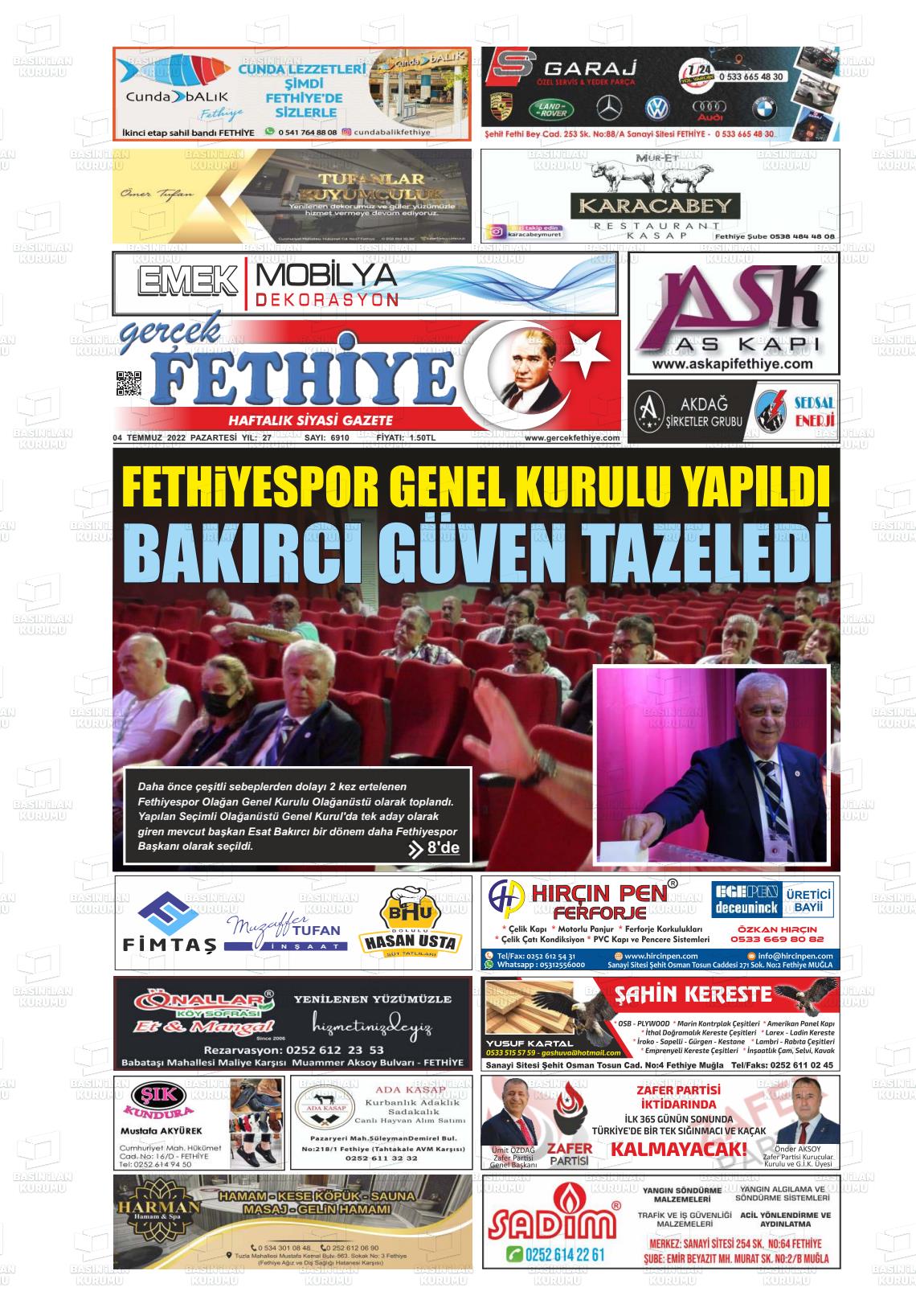 04 Temmuz 2022 Gerçek Fethiye Gazete Manşeti