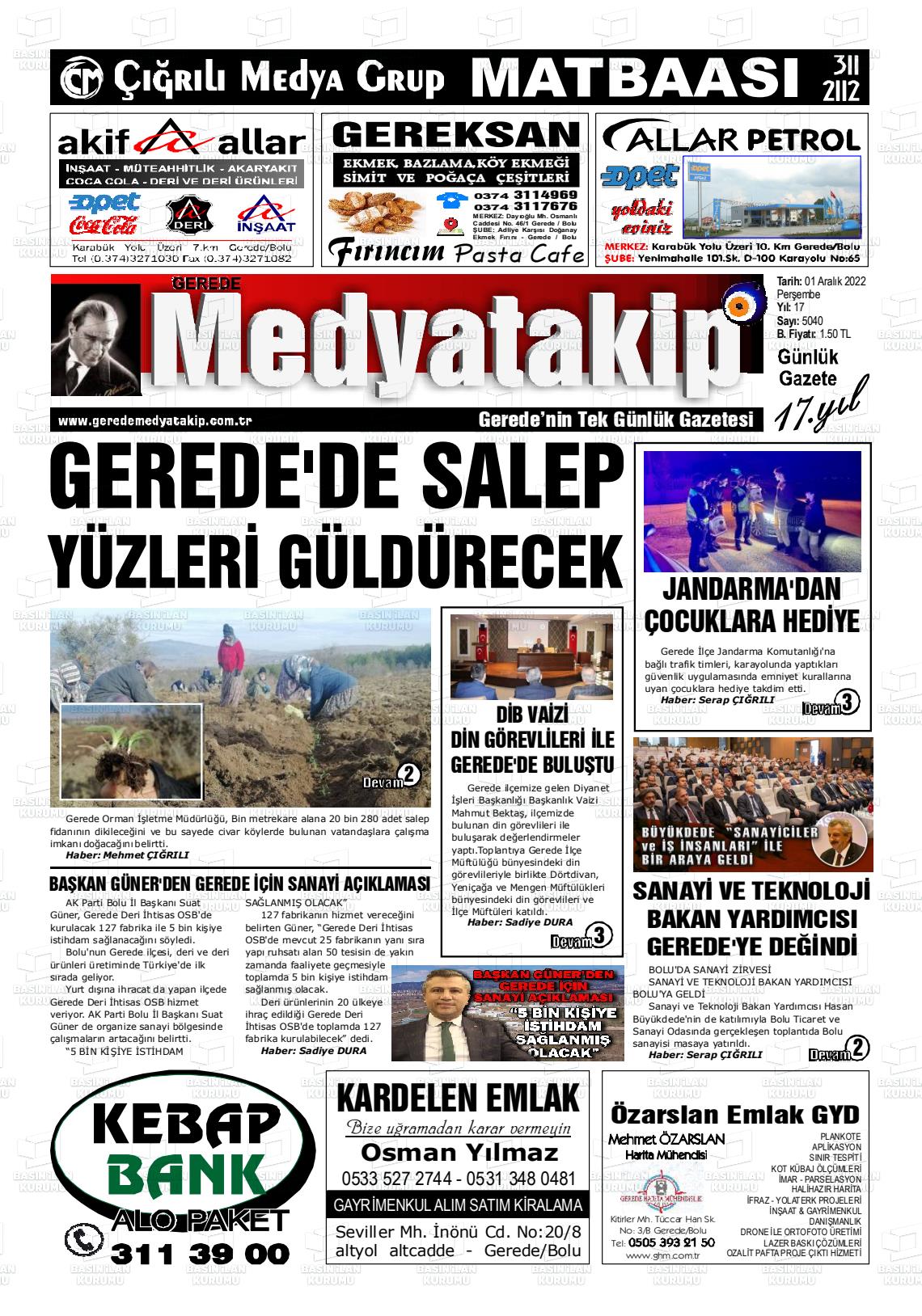 01 Aralık 2022 Gerede Medya Takip Gazete Manşeti