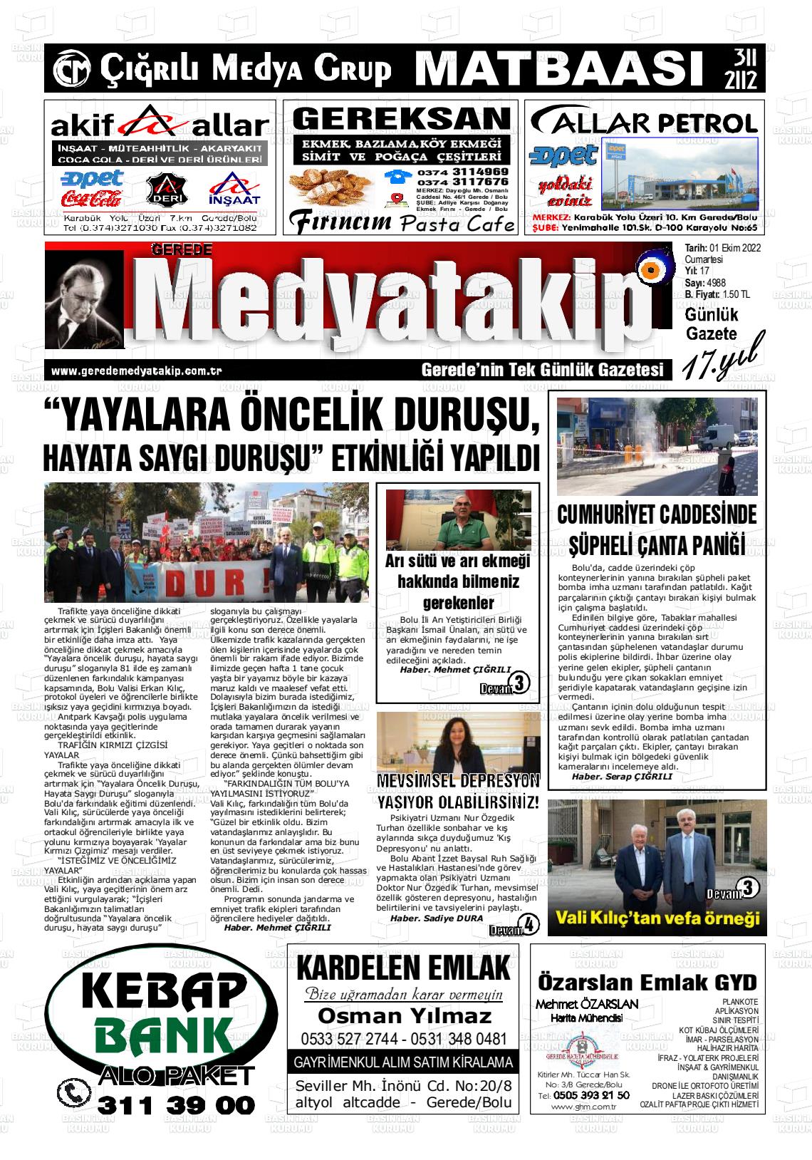 01 Ekim 2022 Gerede Medya Takip Gazete Manşeti