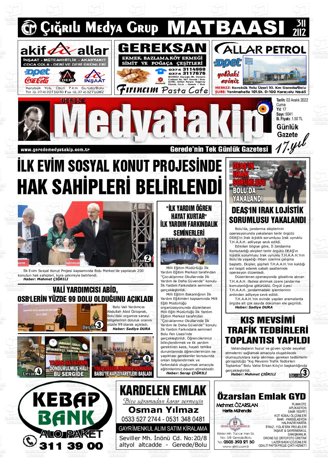 02 Aralık 2022 Gerede Medya Takip Gazete Manşeti
