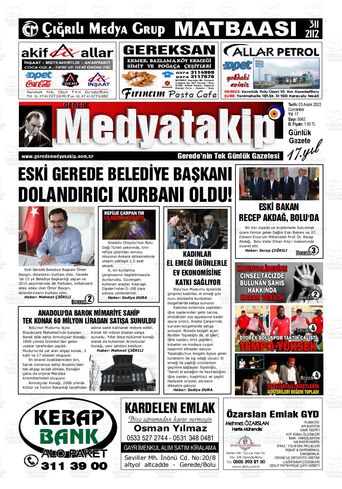 03 Aralık 2022 Gerede Medya Takip Gazete Manşeti