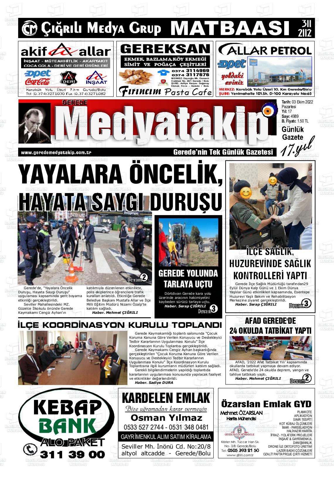 03 Ekim 2022 Gerede Medya Takip Gazete Manşeti